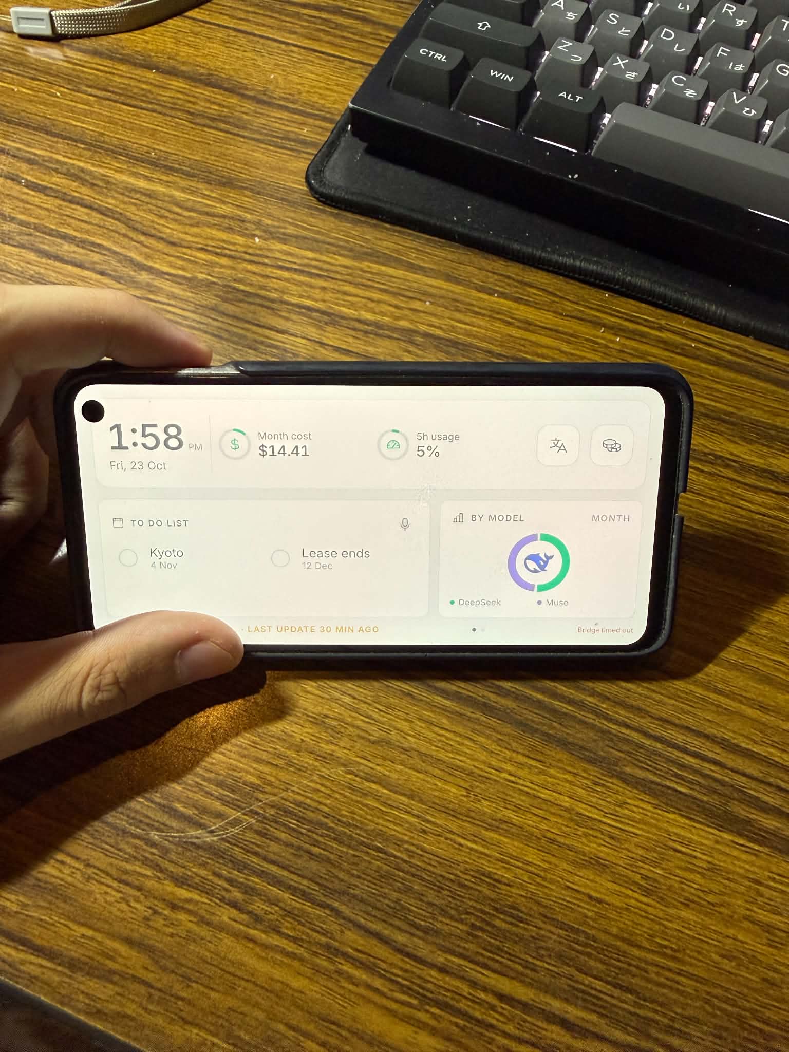 The finished dashboard, phone docked on my desk